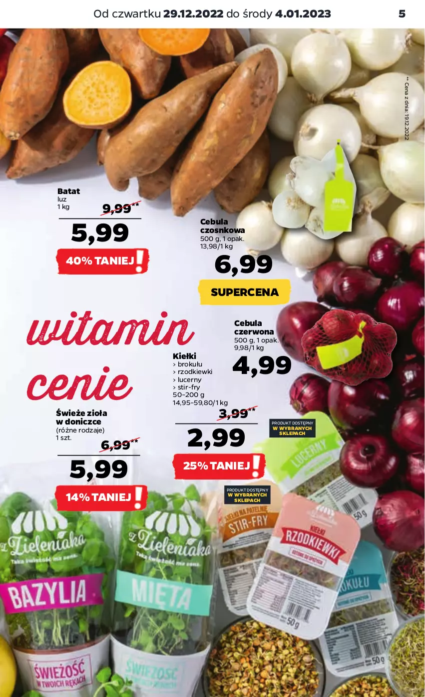 Gazetka promocyjna Netto - Artykuły spożywcze - ważna 29.12.2022 do 04.01.2023 - strona 5 - produkty: Cebula, Cebula czerwona, Kiełki, Zioła w doniczce