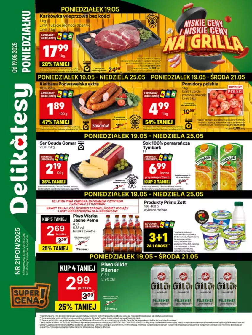 Gazetka promocyjna Delikatesy Centrum - Franczyza DC21 Poniedziałek - ważna 19.05 do 25.05.2025 - strona 1 - produkty: AEG, Gouda, Gra, Piec, Piwa, Piwo, Ser, Sok, Tymbark, Warka, Zott