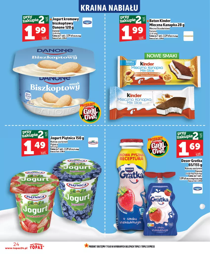 Gazetka promocyjna Topaz - Gazetka - ważna 14.05 do 20.05.2026 - strona 24 - produkty: Baton, Danone, Deser, Fa, Ferrero, Gra, Jogurt, Kinder, Mleczna kanapka, Piątnica, Ser, Top