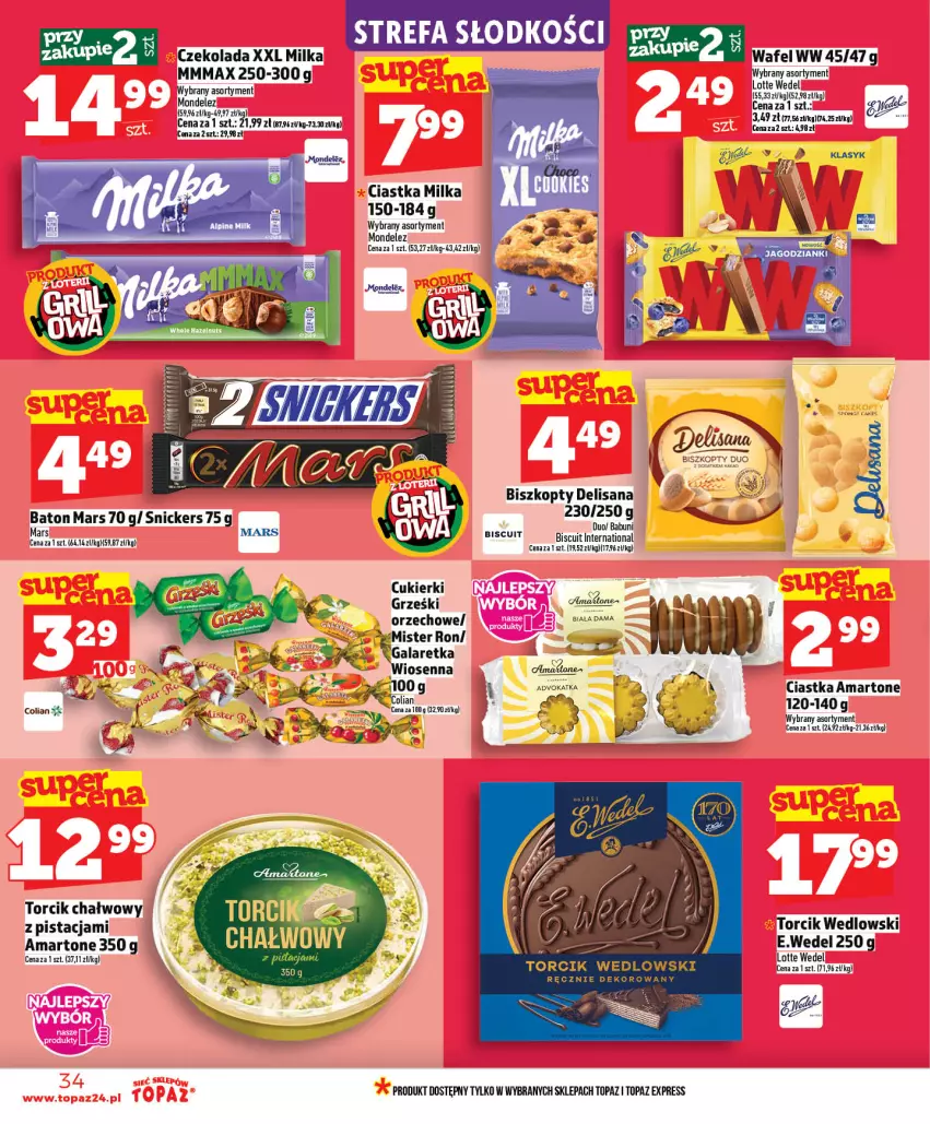 Gazetka promocyjna Topaz - Gazetka - ważna 14.05 do 20.05.2026 - strona 34 - produkty: Babuni, Baton, Biszkopty, Ciastka, Cukier, Cukierki, Czekolada, Fa, Gala, Galaretka, Grześki, Isana, Mars, Milka, Snickers, Top