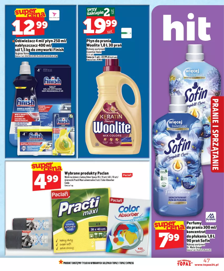 Gazetka promocyjna Topaz - Gazetka - ważna 14.05 do 20.05.2026 - strona 47 - produkty: Fa, Finish, Perfum, Płyn do płukania, Płyn do prania, Sól, Top, Woolite, Worki na śmiec, Worki na śmieci, Zmywarki