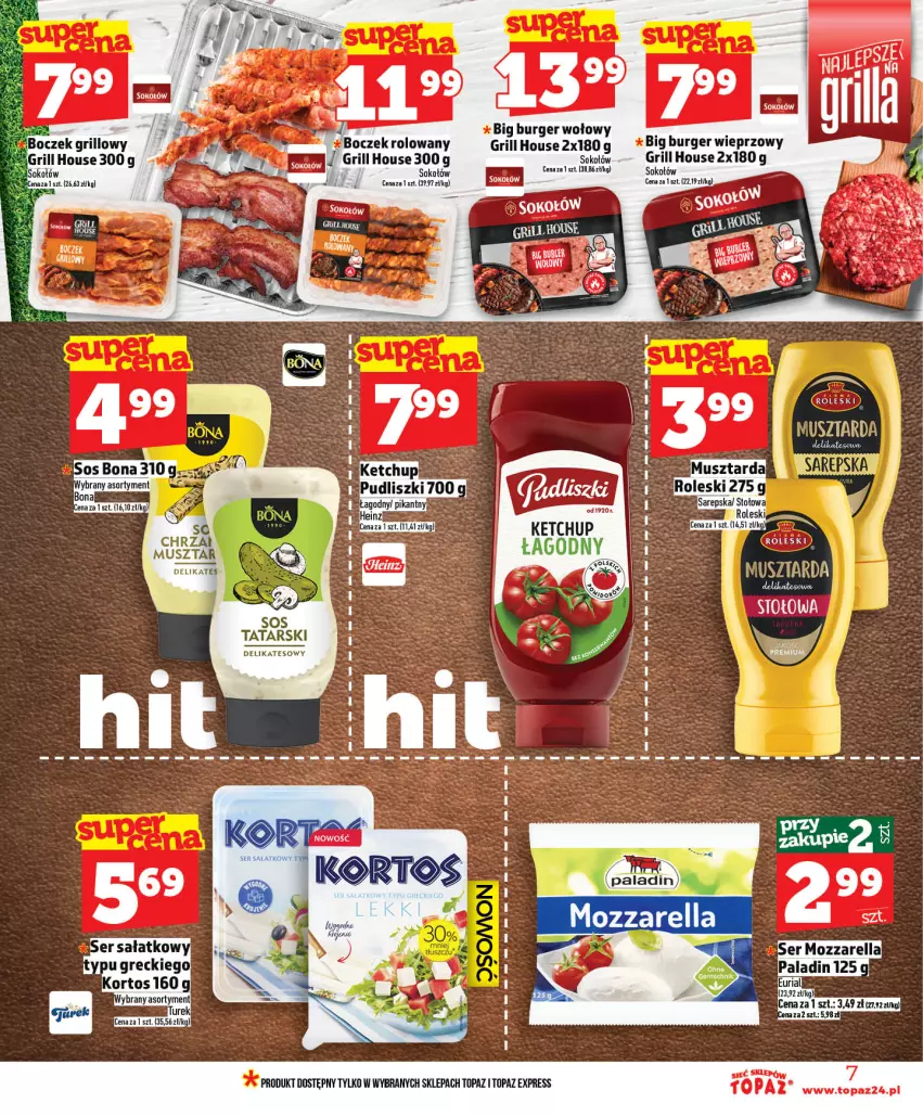 Gazetka promocyjna Topaz - Gazetka - ważna 14.05 do 20.05.2026 - strona 7 - produkty: Boczek, Burger, Grill, Ketchup, Mozzarella, Sok, Sokołów, Sos, Top