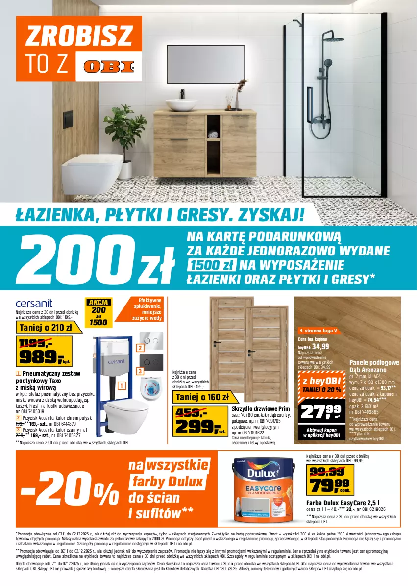 Gazetka promocyjna Obi - Gazetka OBI - ważna 07.11 do 02.12.2025 - strona 1 - produkty: Dres, Drzwi, Dulux, Fa, Gres, Kosz, Miska, Skrzydło drzwiowe, Sok, Telefon
