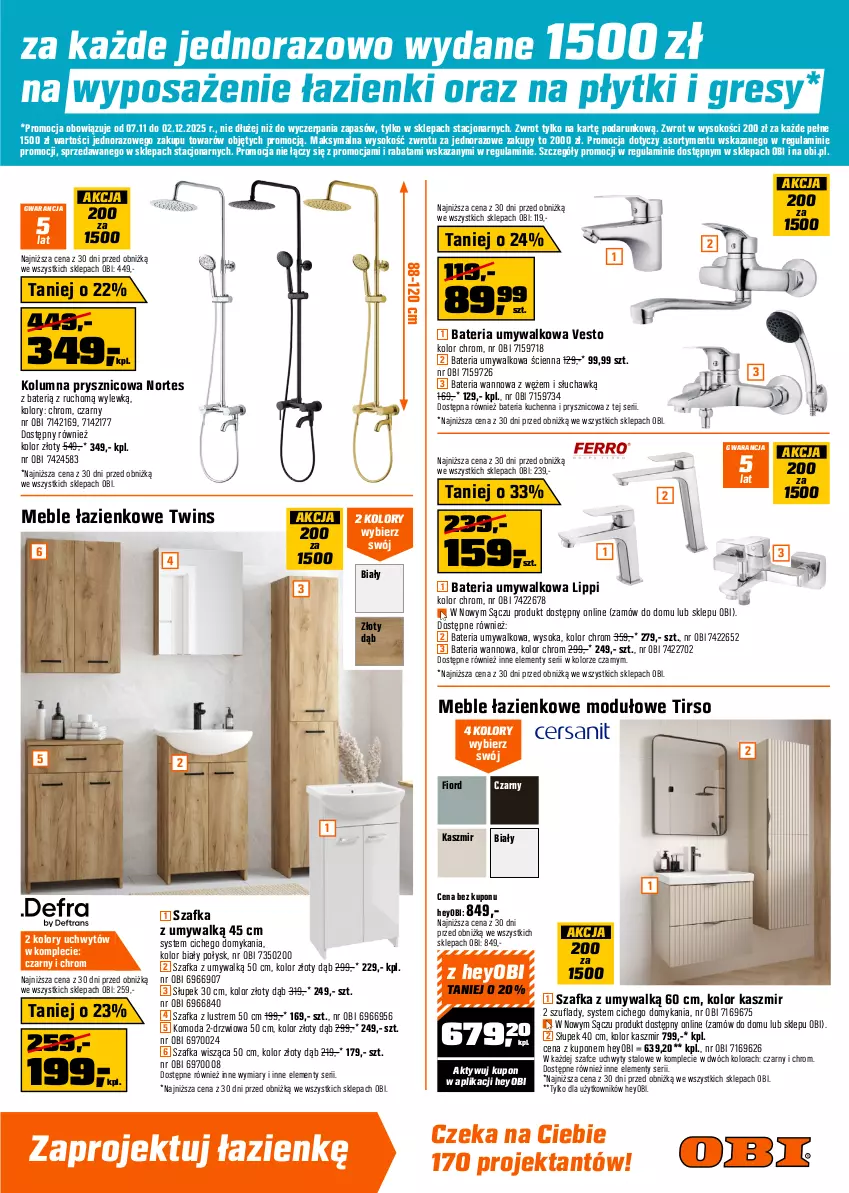 Gazetka promocyjna Obi - Gazetka OBI - ważna 07.11 do 02.12.2025 - strona 3 - produkty: Bateria, Bateria kuchenna, Bateria umywalkowa, Bateria wannowa, Brodzik, Deska sedesowa, Deska wolnoopadająca, Drzwi, Fa, Gres, Kabina prysznicowa, Komoda, Kompakt WC, Kosz, Meble, Meble łazienkowe, Miska, Moda, Rasco, Rolki, Ser, Słupek, Sok, Szafka, Szafka z lustrem, Tran, Uchwyty