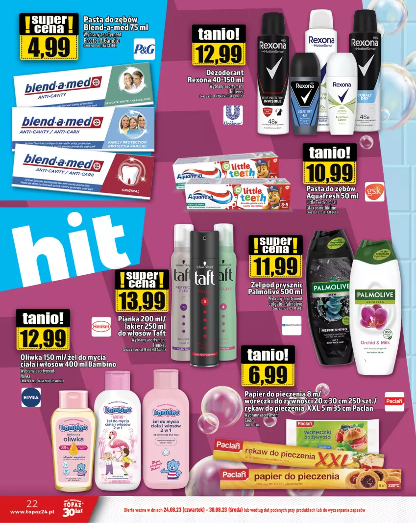 Gazetka promocyjna Topaz - Gazetka - ważna 24.08 do 30.08.2023 - strona 22 - produkty: Aquafresh, Palmolive, Papier, Papier do pieczenia, Piec, Rękaw do pieczenia, Rexona