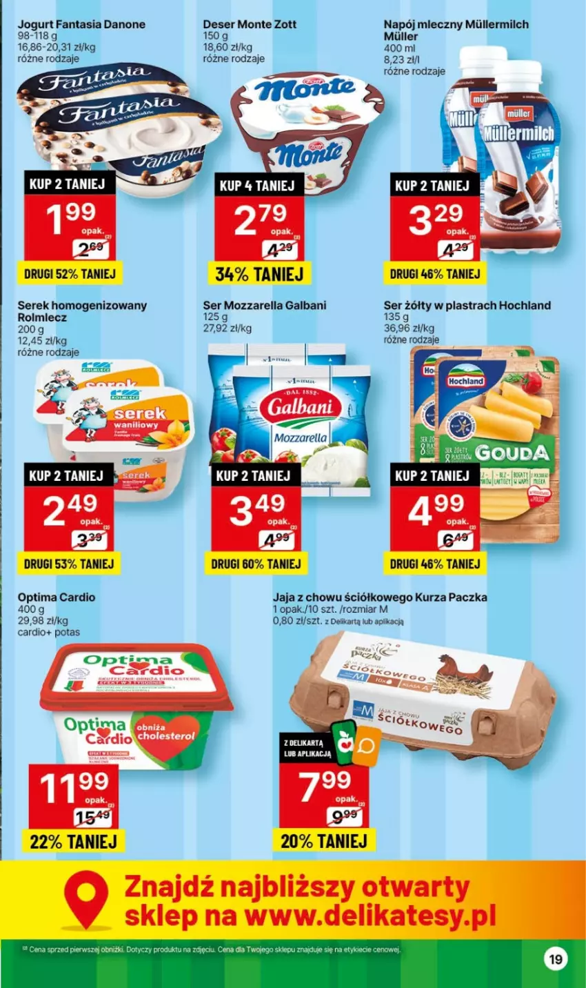 Gazetka promocyjna Delikatesy Centrum - Dyskontowe ceny w Delikatesach Centrum - ważna 01.02 do 07.02.2024 - strona 19 - produkty: Danone, Deser, Fa, Fanta, Galbani, Gouda, Hochland, Jaja, JBL, Jogurt, Miecz, Monte, Mozzarella, Napój, Napój mleczny, Optima, Optima Cardio, Ser, Serek, Serek homogenizowany, Zott