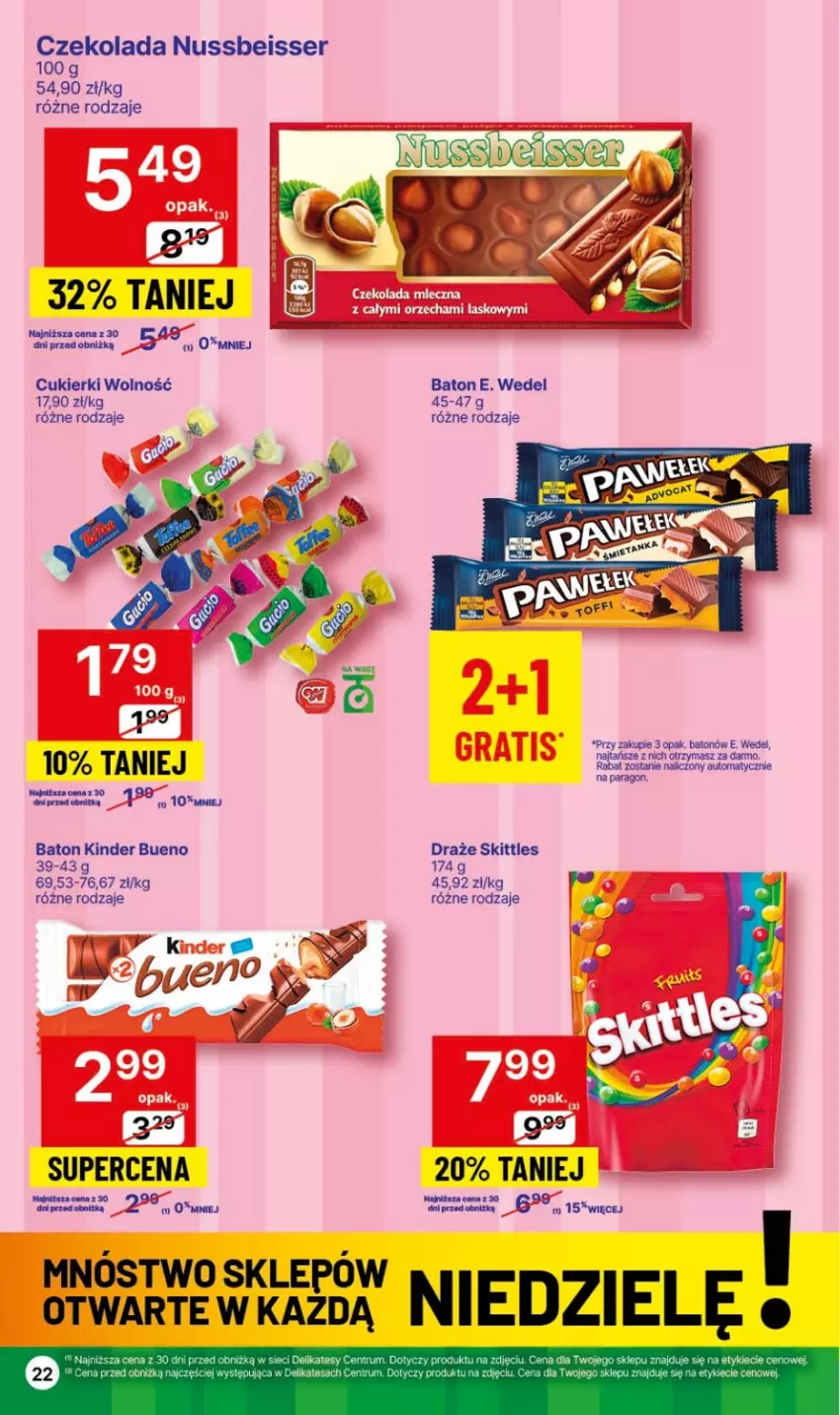 Gazetka promocyjna Delikatesy Centrum - Dyskontowe ceny w Delikatesach Centrum - ważna 01.02 do 07.02.2024 - strona 22 - produkty: Baton, Cukier, Cukierki, Czekolada, E. Wedel, Kinder, Kinder Bueno, Ser