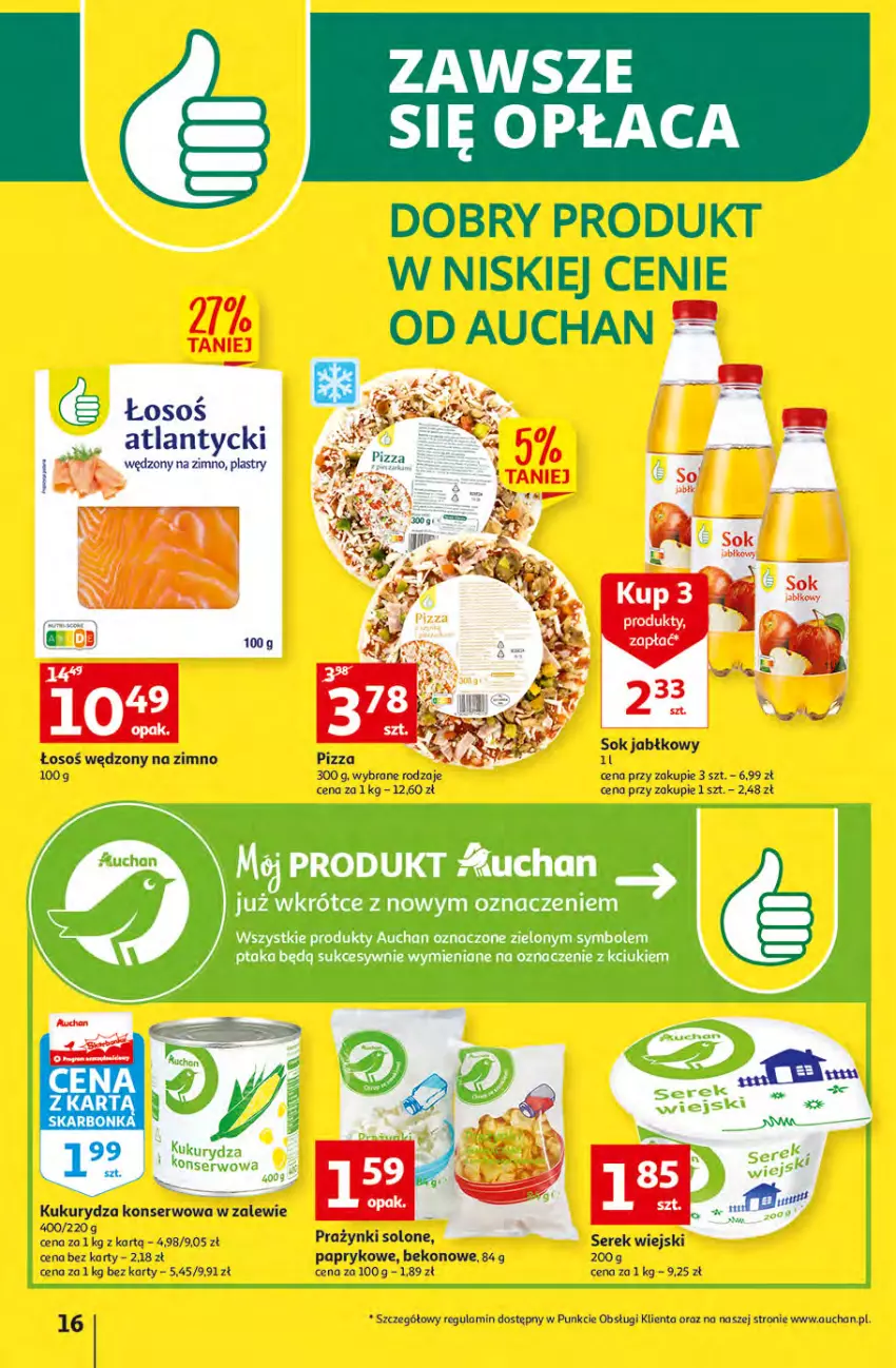 Gazetka promocyjna Auchan - Gazetka Koszyk Oszczędności Auchan Hipermarkety - ważna 19.10 do 29.10.2022 - strona 16 - produkty: Beko, Kukurydza, Kukurydza konserwowa, Pizza, Ser, Serek, Serek wiejski, Sok, Sok jabłkowy