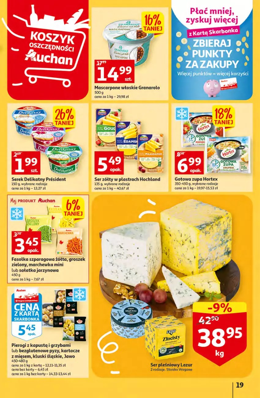 Gazetka promocyjna Auchan - Gazetka Koszyk Oszczędności Auchan Hipermarkety - ważna 19.10 do 29.10.2022 - strona 19 - produkty: Fa, Gra, Groszek, Hochland, Hortex, Kapustą, Lazur, Marchewka, Mascarpone, Pierogi, Sałat, Sałatka, Ser, Ser pleśniowy, Serek, Zupa