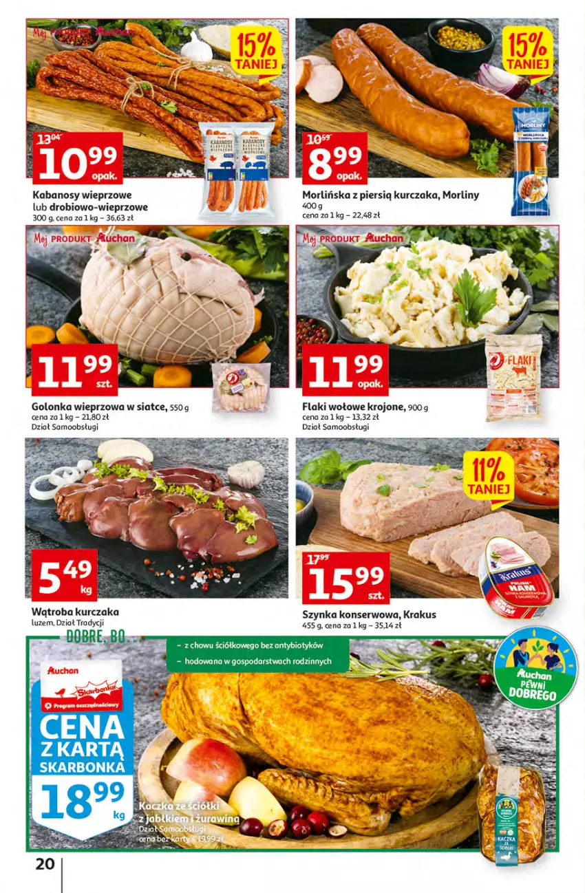 Gazetka promocyjna Auchan - Gazetka Koszyk Oszczędności Auchan Hipermarkety - ważna 19.10 do 29.10.2022 - strona 20 - produkty: Flaki, Flaki wołowe, Golonka wieprzowa, Kabanos, Krakus, Kurczak, Ser, Szynka, Szynka konserwowa