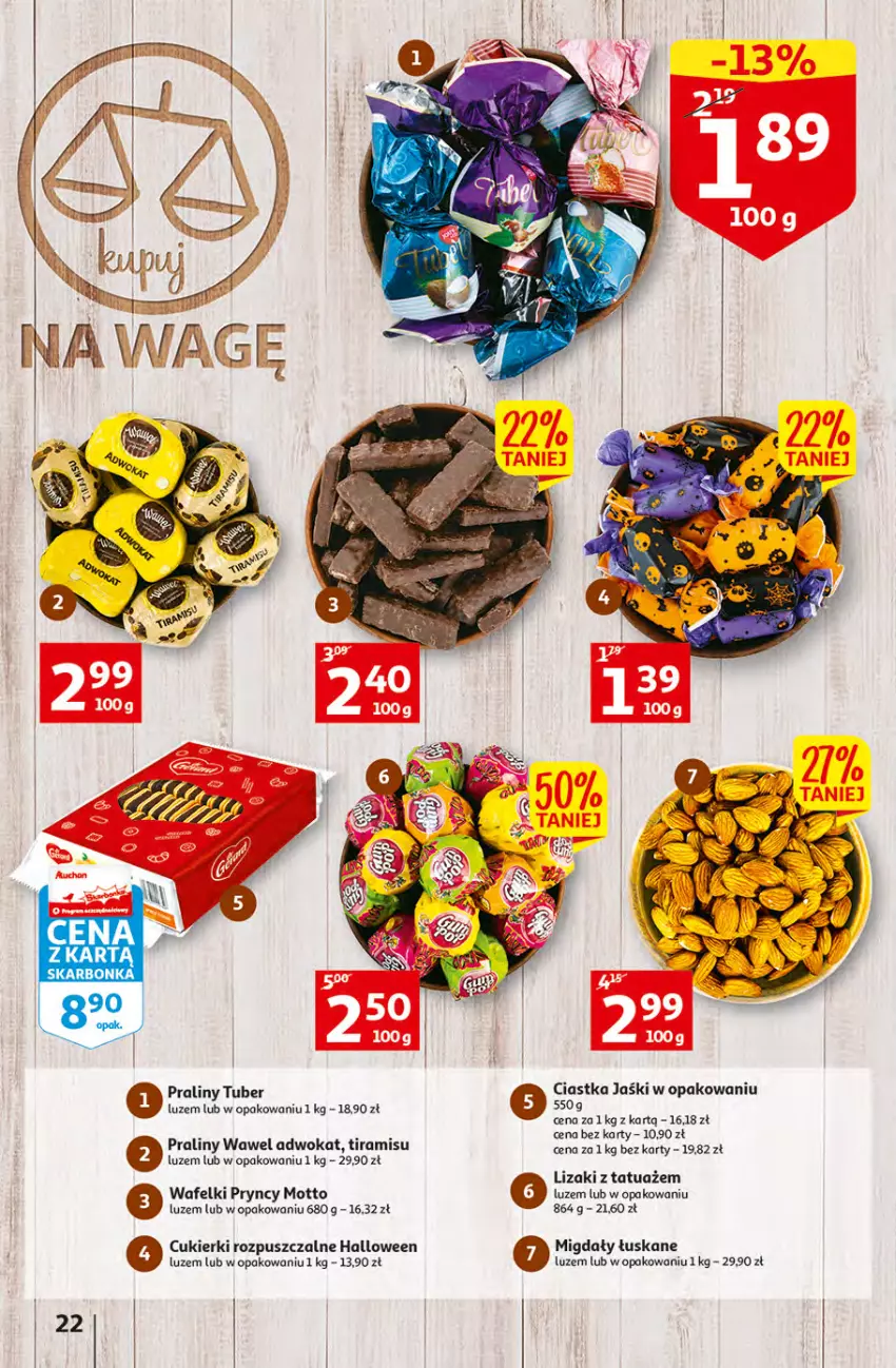 Gazetka promocyjna Auchan - Gazetka Koszyk Oszczędności Auchan Hipermarkety - ważna 19.10 do 29.10.2022 - strona 22 - produkty: Ciastka, Cukier, Cukierki, Lizaki, Migdały, Migdały łuskane, Por, Praliny, Wawel