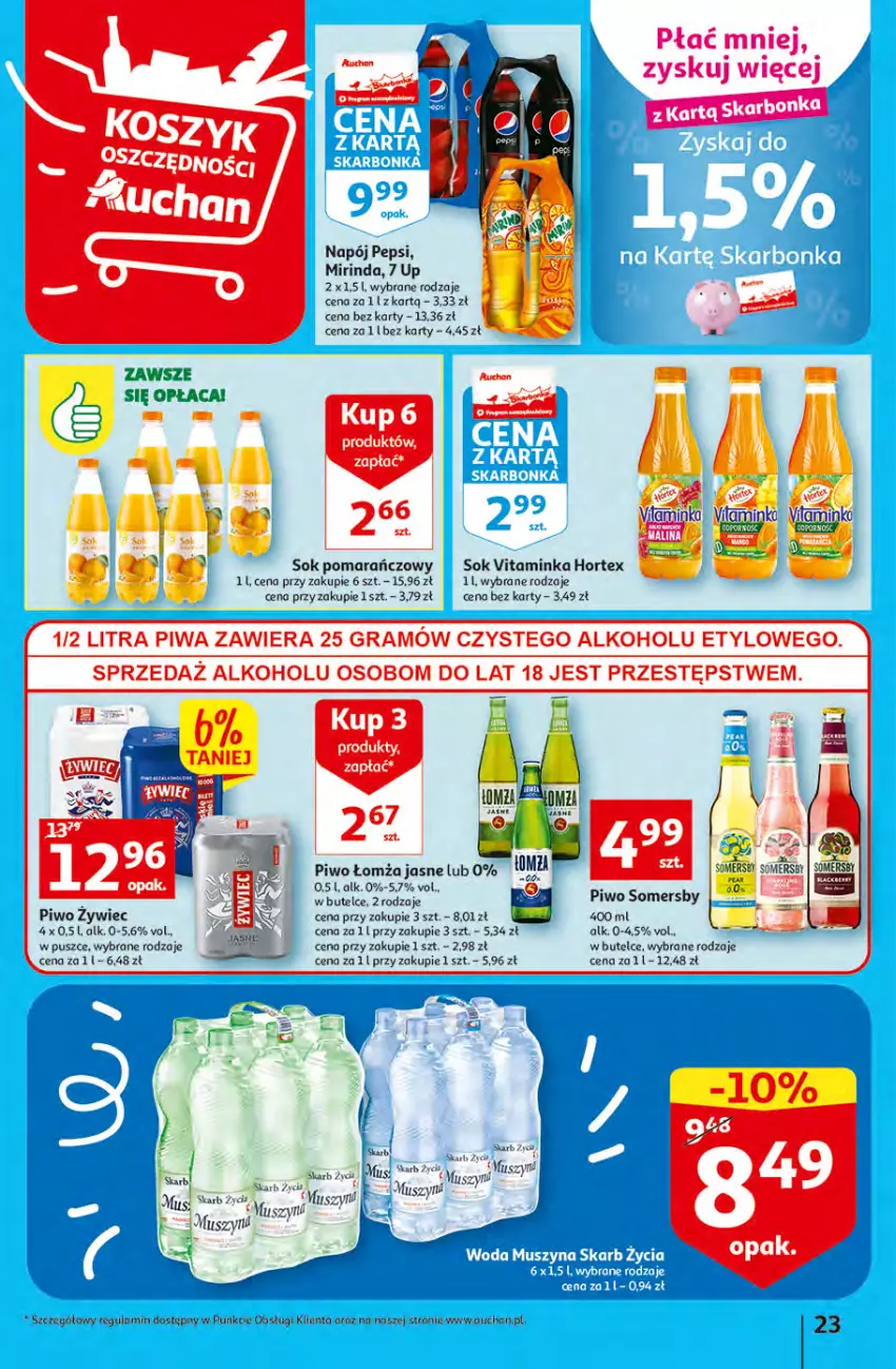 Gazetka promocyjna Auchan - Gazetka Koszyk Oszczędności Auchan Hipermarkety - ważna 19.10 do 29.10.2022 - strona 23 - produkty: Gra, Hortex, Inka, Mirinda, Mus, Napój, Pepsi, Piwa, Piwo, Sok, Sok pomarańczowy, Somersby