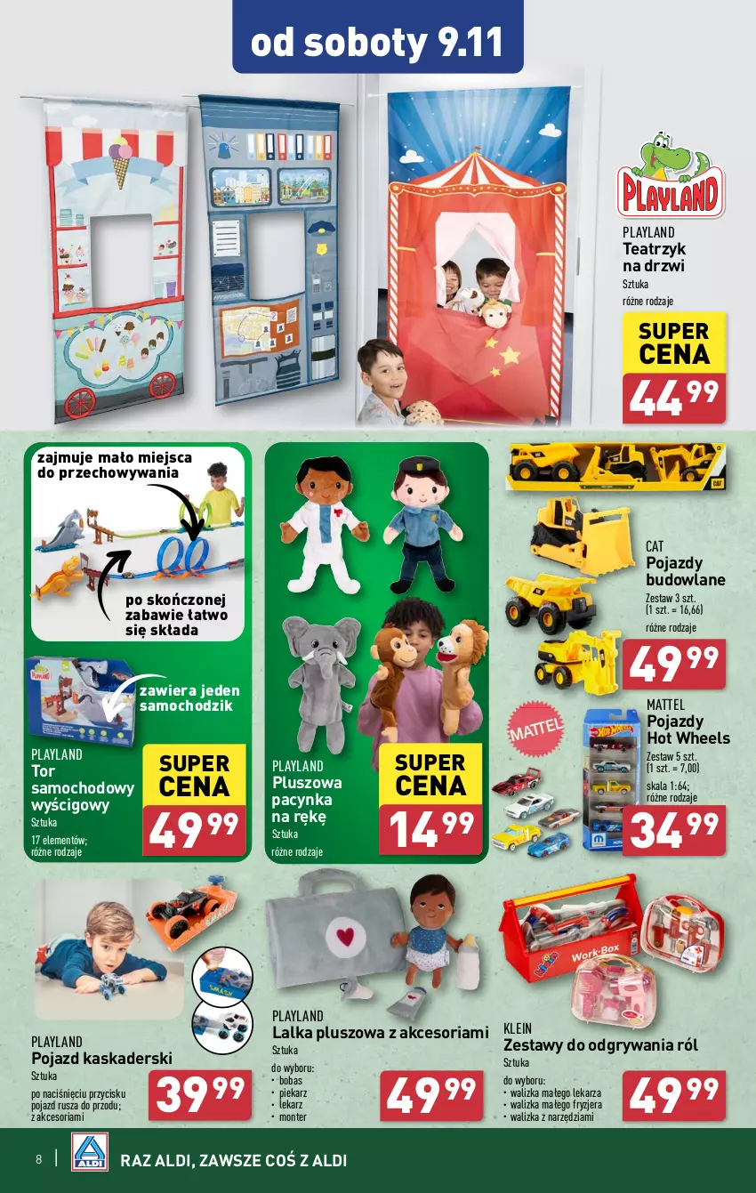 Gazetka promocyjna Aldi - Artykuły przemysłowe i tekstylia - ważna 06.11 do 09.11.2024 - strona 8 - produkty: Chodzik, Cynk, Drzwi, Gry, Hot Wheels, Kask, Lalka, Mattel, Monte, Pojazd, Pojazdy budowlane, Walizka