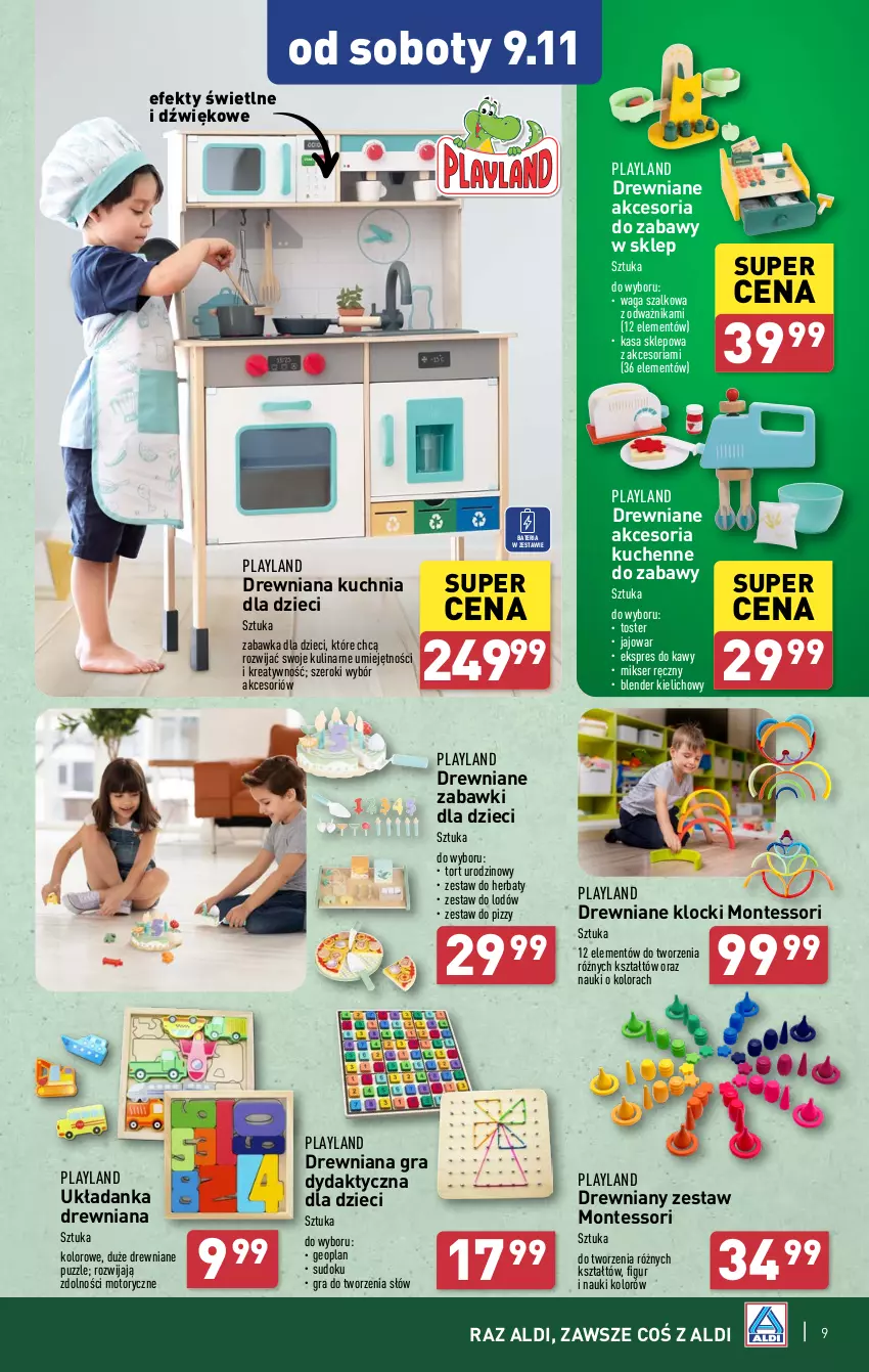 Gazetka promocyjna Aldi - Artykuły przemysłowe i tekstylia - ważna 06.11 do 09.11.2024 - strona 9 - produkty: Bateria, Blender, Drewniana kuchnia, Drewniane klocki, Dzieci, Gra, Klocki, Kuchnia, Mikser, Mikser ręczny, Monte, Puzzle, Ser, Szal, Toster, Układanka, Waga, Zabawka