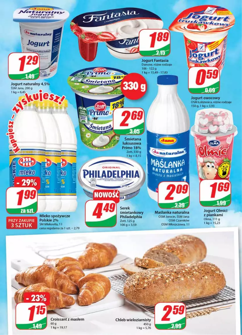 Gazetka promocyjna Dino - Gazetka - ważna 05.05 do 11.05.2021 - strona 12 - produkty: Chleb, Chleb wieloziarnisty, Croissant, Danone, Fa, Fanta, Jogurt, Jogurt naturalny, Jogurt owocowy, Maślanka, Mleko, Olma, Philadelphia, Zott