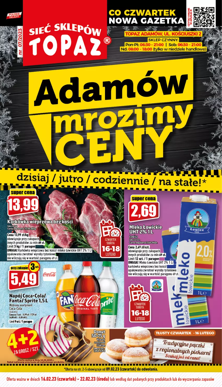 Gazetka promocyjna Topaz - Gazetka - ważna 16.02 do 22.02.2023 - strona 1 - produkty: Coca-Cola, Fa, Fanta, Karkówka wieprzowa, Mleko, Napój, Sprite, Waga