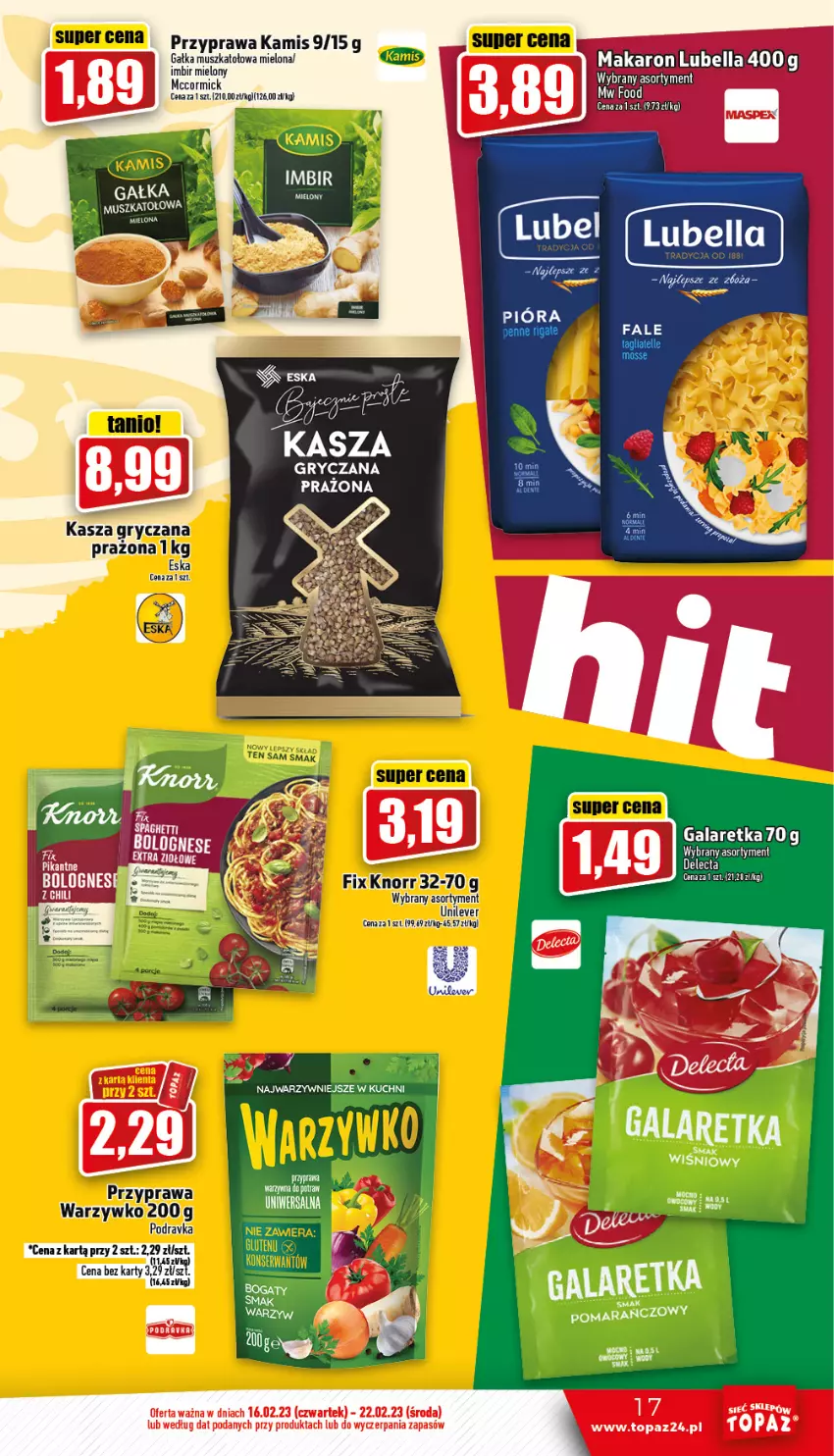 Gazetka promocyjna Topaz - Gazetka - ważna 16.02 do 22.02.2023 - strona 17 - produkty: Bell, Bella, Fa, Gala, Galaretka, Gałka, Gry, Kamis, Kasza, Kasza gryczana, Knorr, Lubella, Makaron, Mus, Penne, Tagliatelle, Top