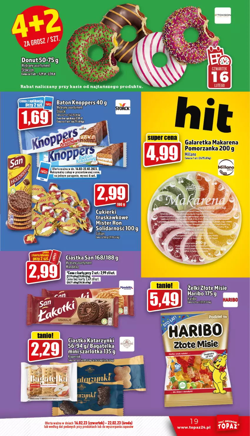 Gazetka promocyjna Topaz - Gazetka - ważna 16.02 do 22.02.2023 - strona 19 - produkty: Baton, Ciastka, Cukier, Cukierki, Donut, Gala, Galaretka, Haribo, Knoppers, Szarlotka