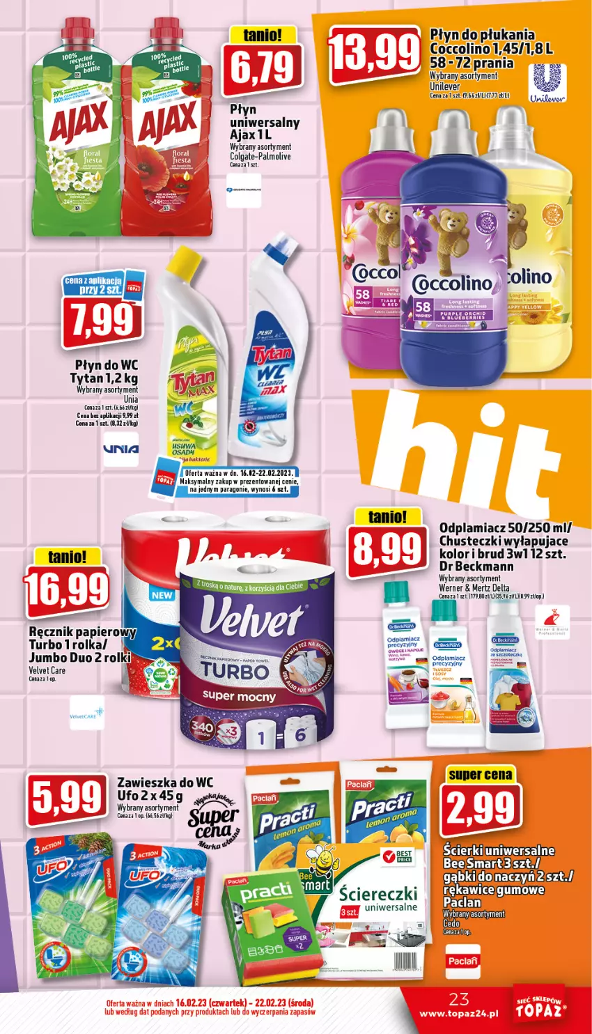 Gazetka promocyjna Topaz - Gazetka - ważna 16.02 do 22.02.2023 - strona 23 - produkty: Ajax, Chusteczki, Coccolino, Colgate, LG, Odplamiacz, Palmolive, Papier, Płyn do płukania, Płyn do wc, Ręcznik, Rolki, Tytan, Zawieszka do wc