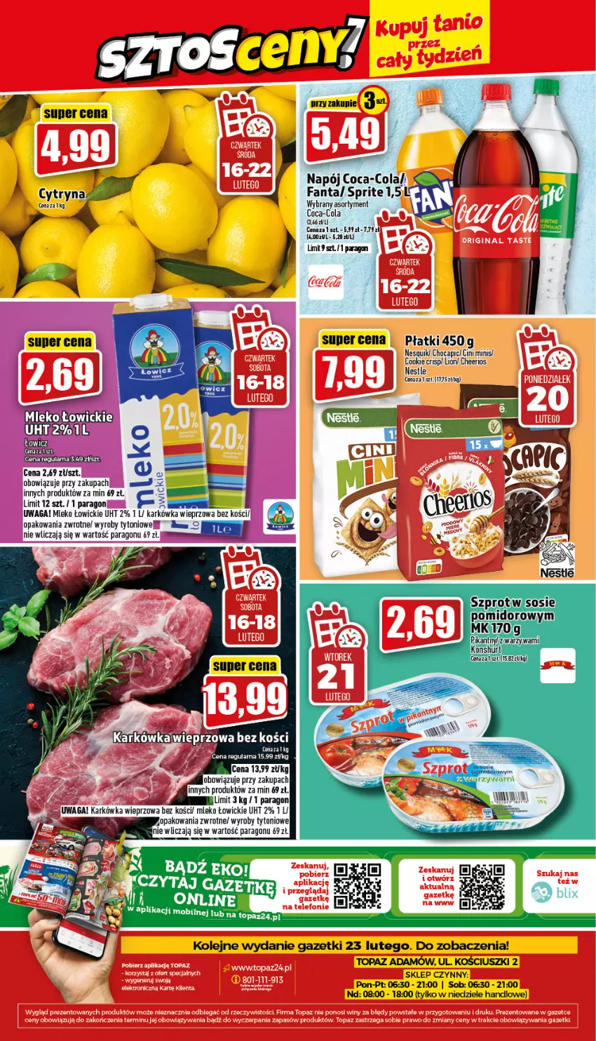 Gazetka promocyjna Topaz - Gazetka - ważna 16.02 do 22.02.2023 - strona 24 - produkty: Cheerios, Cini Minis, Fa, Fanta, Karkówka wieprzowa, Lion, Mleko, Mobil, Napój, Nesquik, Olej, Sprite, Top, Waga