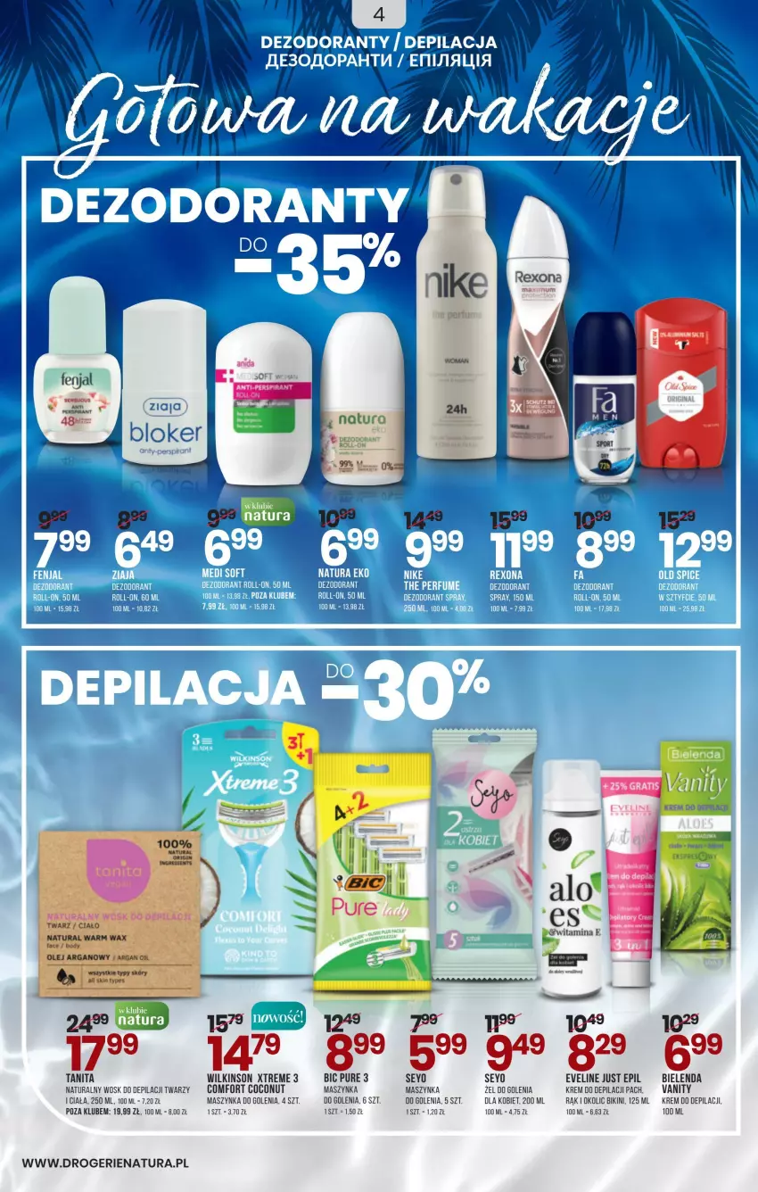 Gazetka promocyjna Drogerie Natura - Gazetka Drogerie Natura - ważna 01.07 do 31.07.2022 - strona 4 - produkty: Bielenda, Bikini, Dezodorant, Eveline, Krem do depilacji, Maszynka, Maszynka do golenia, Nike, Pur, Rexona, Szynka