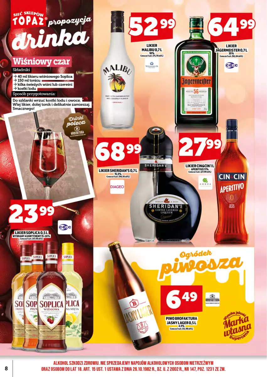 Gazetka promocyjna Topaz - Gazetka - ważna 17.07 do 31.07.2025 - strona 10 - produkty: Fa, Jagermeister, Lanki, LG, Likier, Malibu, Mięta, Olej, Owoce, Piwo, Rum, Sheridan's, Soplica, Tonik