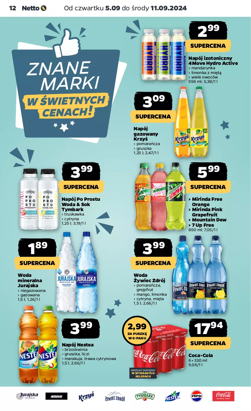 Gazetka promocyjna Netto - Artykuły spożywcze - ważna 05.09 do 11.09.2024 - strona 12 - produkty: Coca-Cola, Gra, Grejpfrut, Liczi, Limonka, Mango, Mięta, Mirinda, Napój, Napój gazowany, Napój izotoniczny, Nestea, Sok, Tymbark, Woda, Woda mineralna