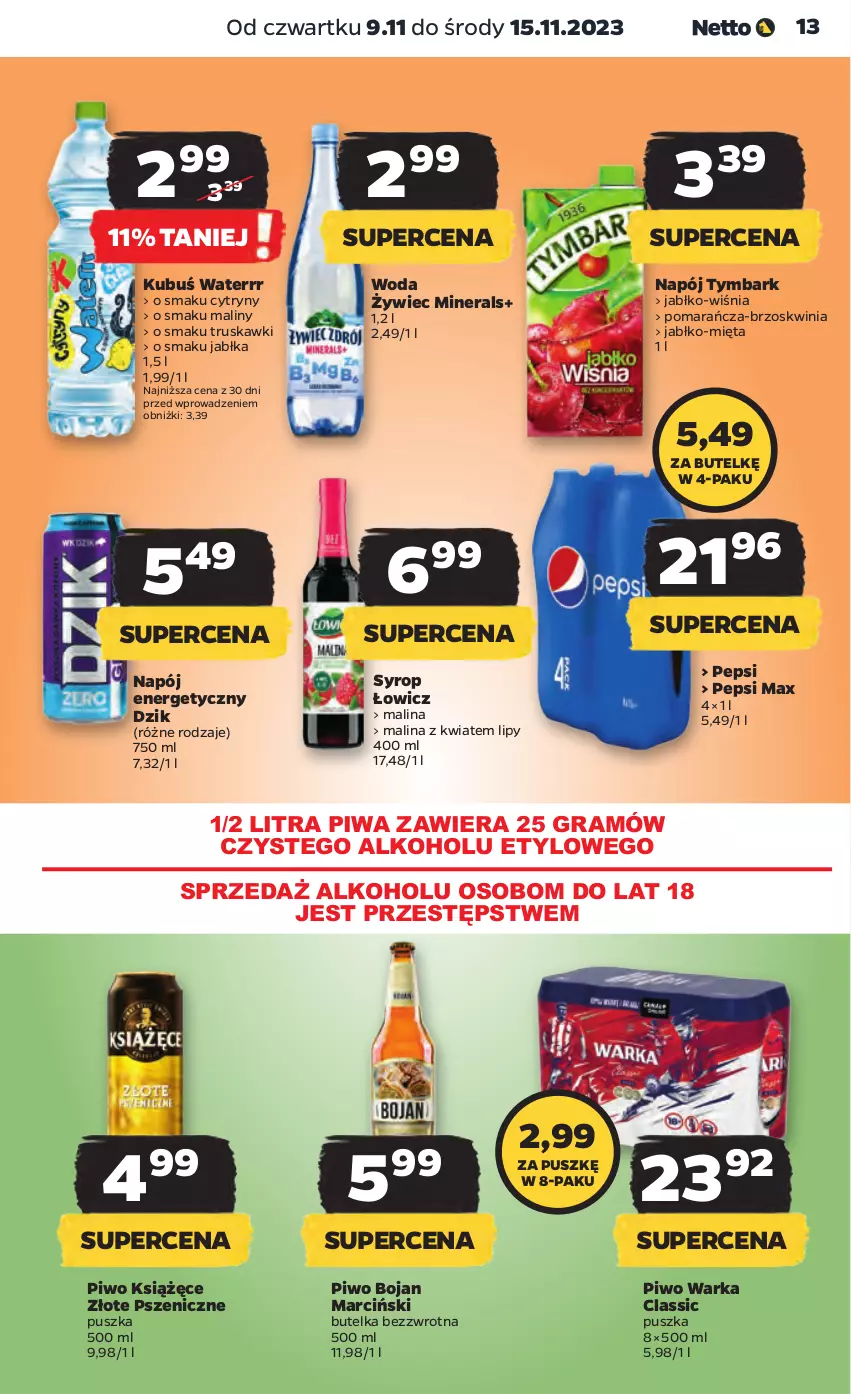 Gazetka promocyjna Netto - Artykuły spożywcze - ważna 09.11 do 15.11.2023 - strona 13 - produkty: Cytryny, Gra, Jabłka, Książęce, Kubuś, Kubuś Waterrr, Maliny, Mięta, Napój, Napój energetyczny, Pepsi, Pepsi max, Piwa, Piwo, Syrop, Truskawki, Tymbark, Warka, Woda