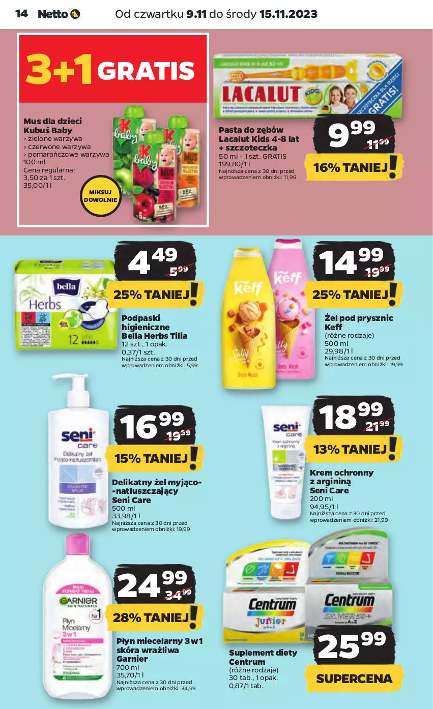 Gazetka promocyjna Netto - Artykuły spożywcze - ważna 09.11 do 15.11.2023 - strona 14 - produkty: Bell, Bella, Dzieci, Garnier, Gin, Gra, Kubuś, Lacalut, Mus, Pasta do zębów, Podpaski, Rum, Suplement diety, Szczoteczka, Warzywa