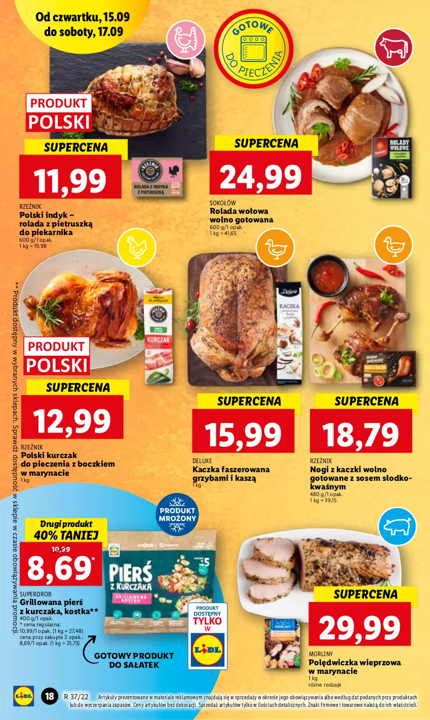 Gazetka promocyjna Lidl - GAZETKA - ważna 15.09 do 17.09.2022 - strona 18 - produkty: Fa, Grill, Kaczka, Kaczka faszerowana, Kurczak, Morliny, Piec, Piekarnik, Polędwiczka wieprzowa, Rolada, Sałat, Sok, Sokołów, Sos