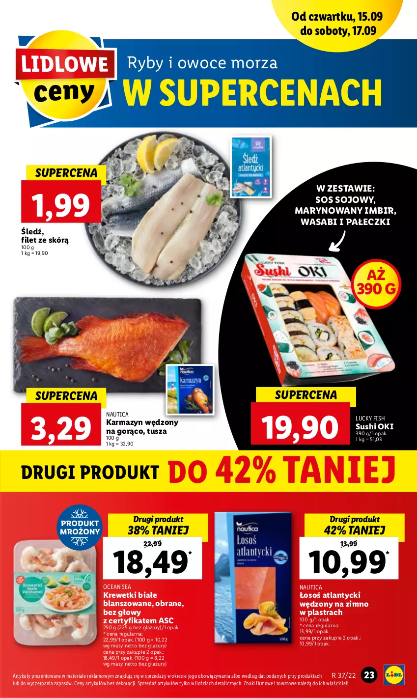 Gazetka promocyjna Lidl - GAZETKA - ważna 15.09 do 17.09.2022 - strona 23 - produkty: Imbir, Karmazyn wędzony, Krewetki, Lazur, Owoce, Owoce morza, Ryby i owoce morza, Sos, Sos sojowy, Sushi, Tusz, Wasa