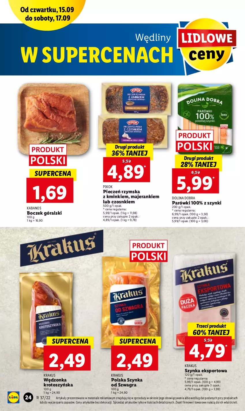 Gazetka promocyjna Lidl - GAZETKA - ważna 15.09 do 17.09.2022 - strona 24 - produkty: Boczek, Gra, Kabanos, Krakus, Parówki, Piec, Pieczeń rzymska, PIKOK, Por, Sport, Szynka