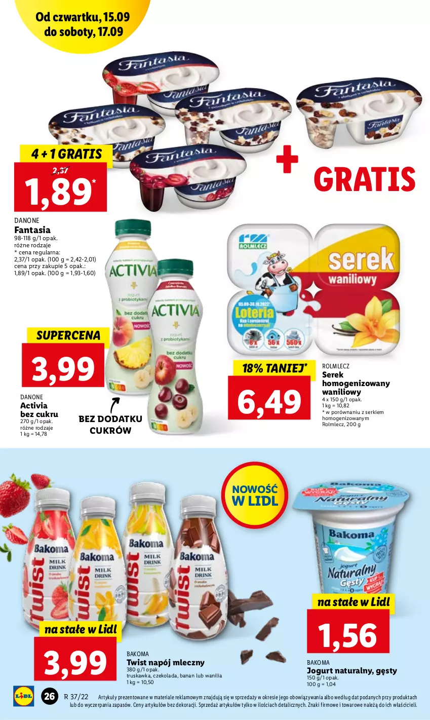 Gazetka promocyjna Lidl - GAZETKA - ważna 15.09 do 17.09.2022 - strona 26 - produkty: Activia, Bakoma, Czekolada, Danone, Danone Fantasia, Fa, Fanta, Gra, Jogurt, Jogurt naturalny, Napój, Napój mleczny, Por, Rolmlecz, Ser, Serek, Serek homogenizowany