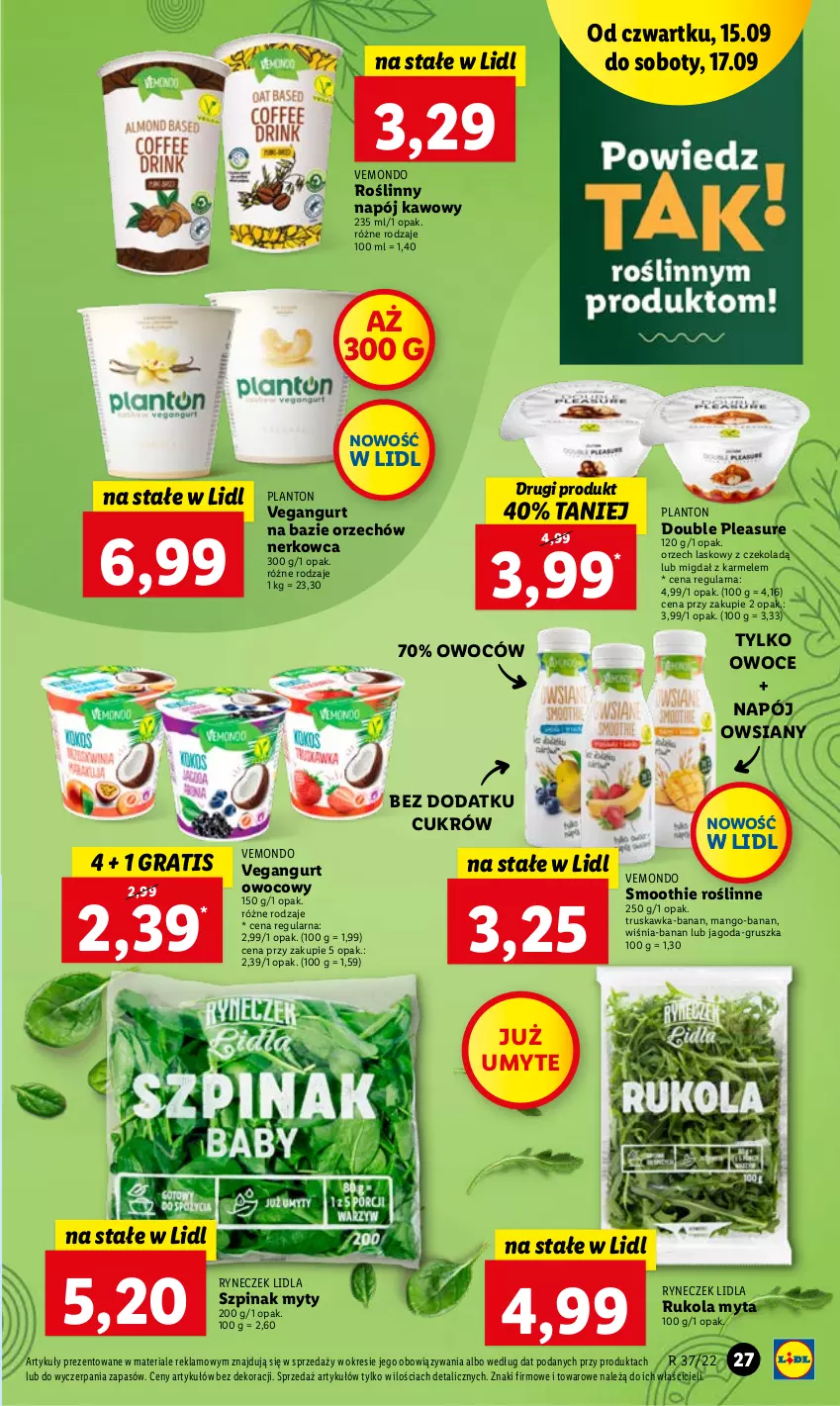 Gazetka promocyjna Lidl - GAZETKA - ważna 15.09 do 17.09.2022 - strona 27 - produkty: Gra, Mango, Napój, Owoce, Rukola, Smoothie, Szpinak, Vegangurt