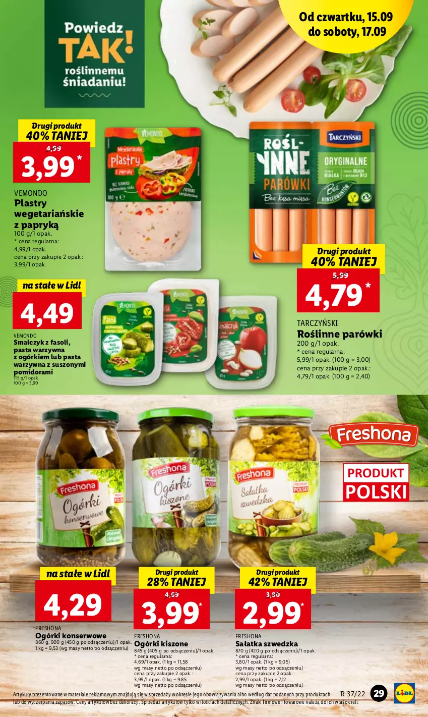 Gazetka promocyjna Lidl - GAZETKA - ważna 15.09 do 17.09.2022 - strona 29 - produkty: Fa, Ogórki konserwowe, Parówki, Pasta warzywna, Sałat, Sałatka, Ser, Tarczyński