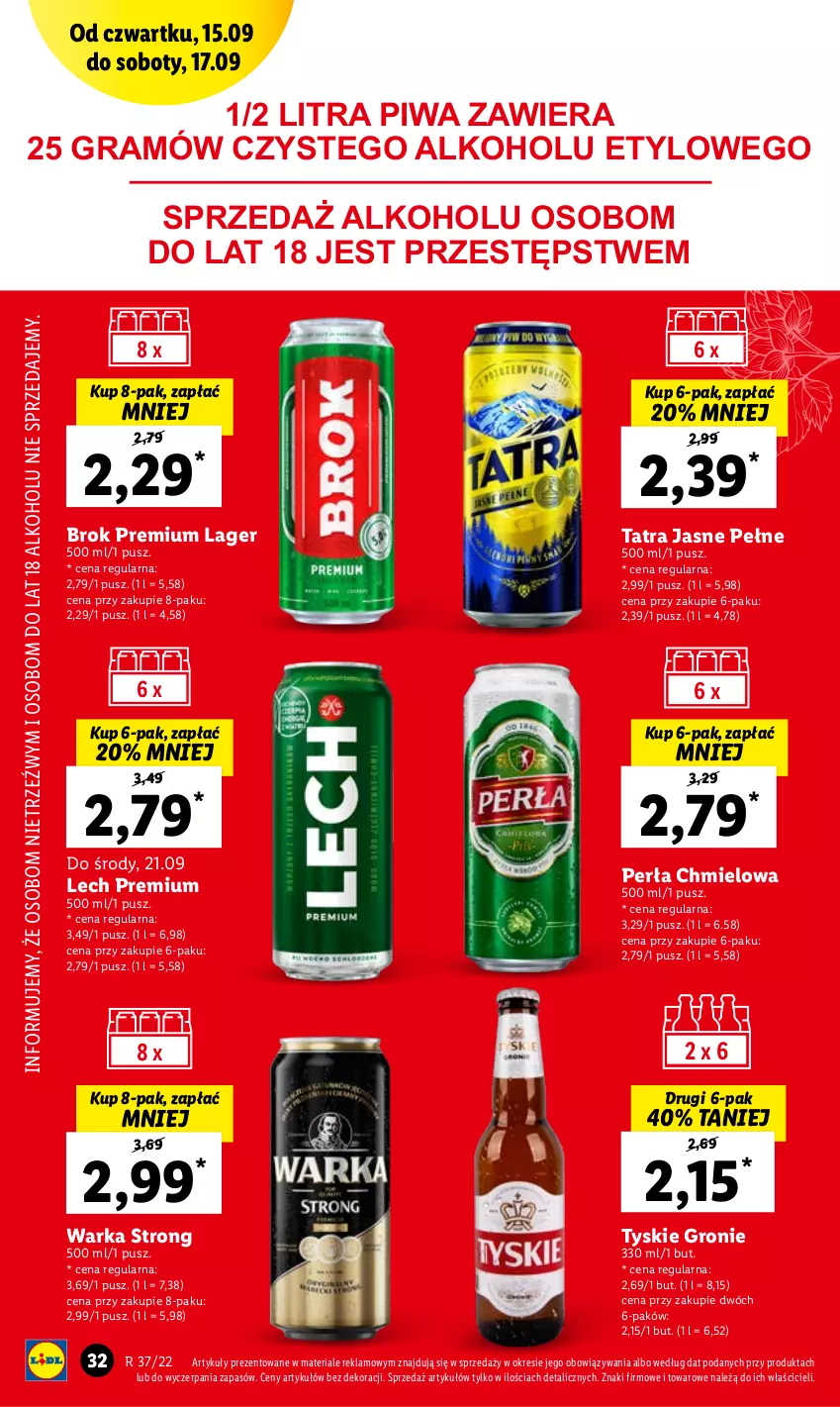 Gazetka promocyjna Lidl - GAZETKA - ważna 15.09 do 17.09.2022 - strona 32 - produkty: Gra, Lech Premium, Perła, Piwa, Tatra, Tyskie, Warka