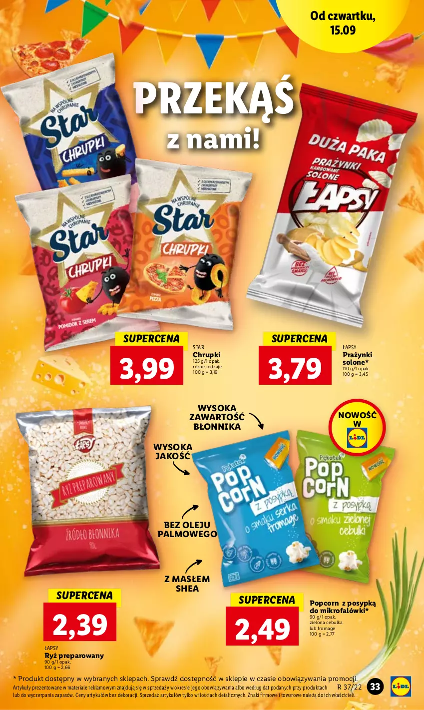 Gazetka promocyjna Lidl - GAZETKA - ważna 15.09 do 17.09.2022 - strona 33 - produkty: Chrupki, Fa, Olej, Popcorn, Ryż, Sok