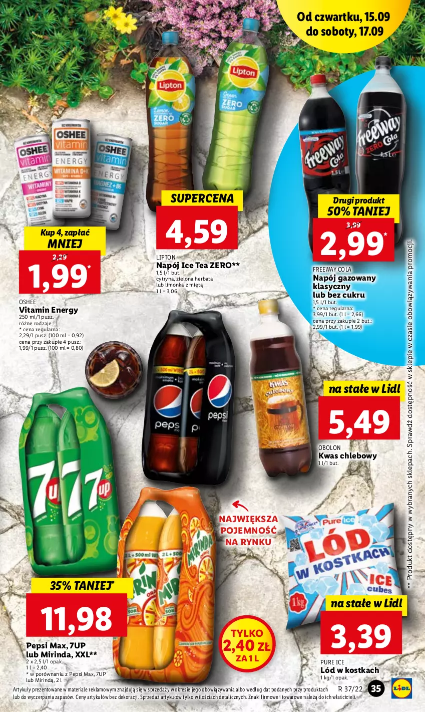 Gazetka promocyjna Lidl - GAZETKA - ważna 15.09 do 17.09.2022 - strona 35 - produkty: 7up, Chleb, Herbata, Ice tea, Limonka, Lipton, Mirinda, Napój, Napój gazowany, Oshee, Pepsi, Pepsi max, Por, Pur