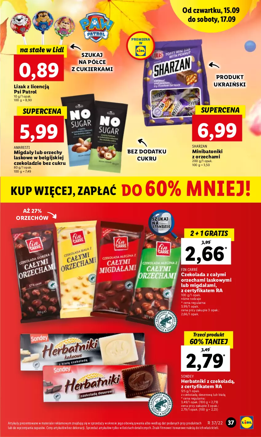 Gazetka promocyjna Lidl - GAZETKA - ważna 15.09 do 17.09.2022 - strona 37 - produkty: Baton, Cukier, Czekolada, Deser, Gra, Herbatniki, LG, Migdały, Psi Patrol, Ser, Tonik