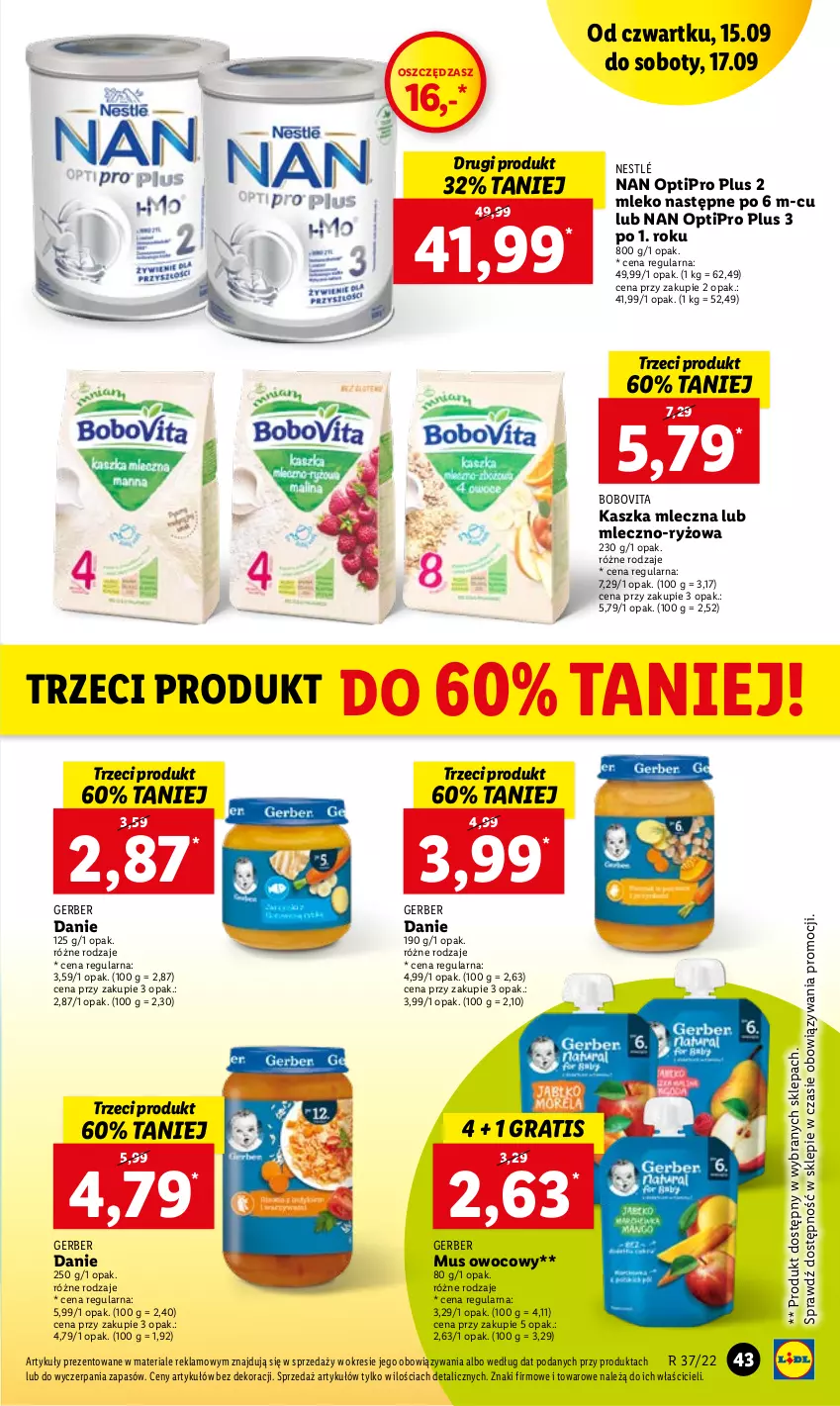 Gazetka promocyjna Lidl - GAZETKA - ważna 15.09 do 17.09.2022 - strona 43 - produkty: BoboVita, Gerber, Gra, Mleko, Mus, NAN Optipro, Nestlé, O nas, Ryż