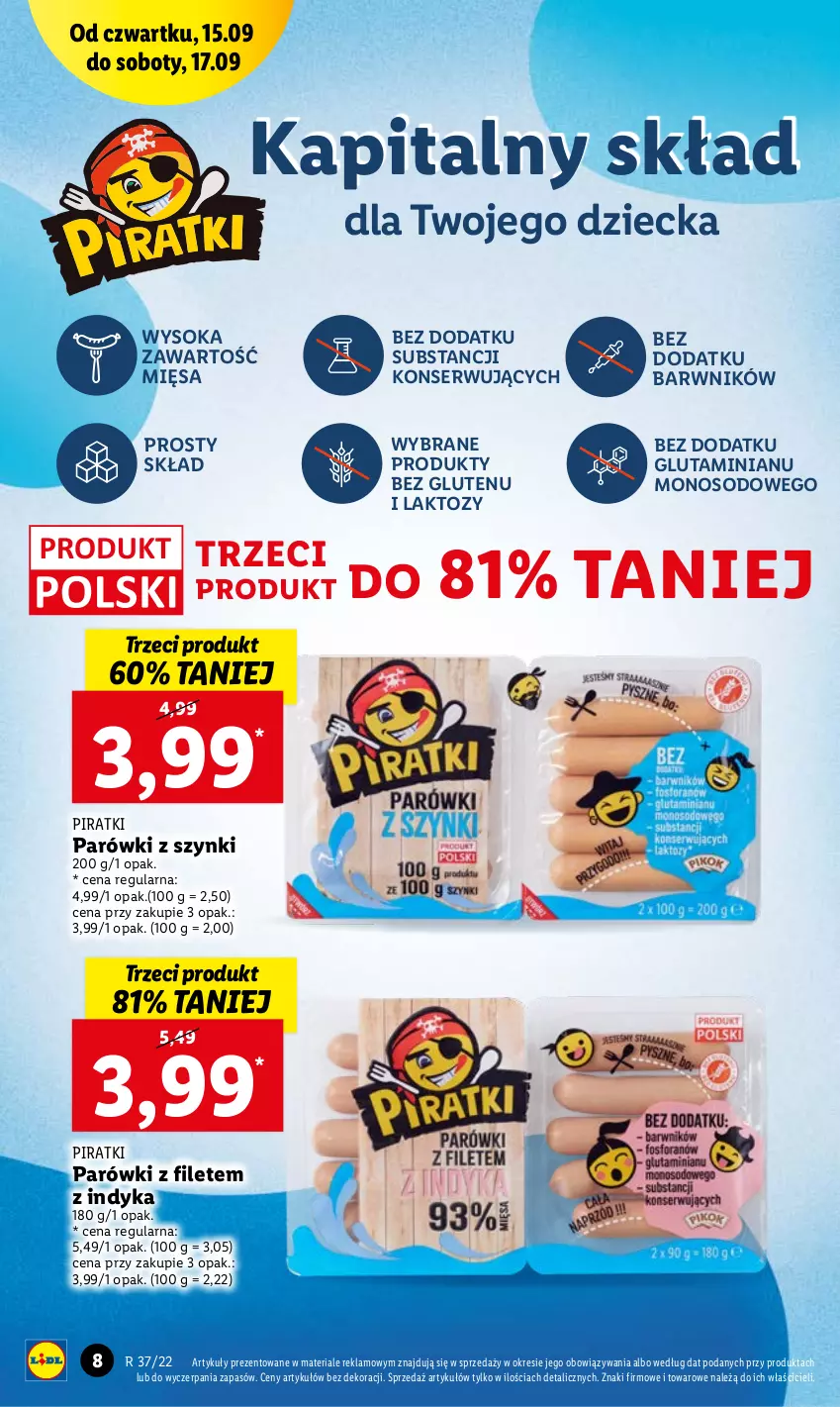 Gazetka promocyjna Lidl - GAZETKA - ważna 15.09 do 17.09.2022 - strona 8 - produkty: Parówki, Parówki z szynki, Ser, Sok