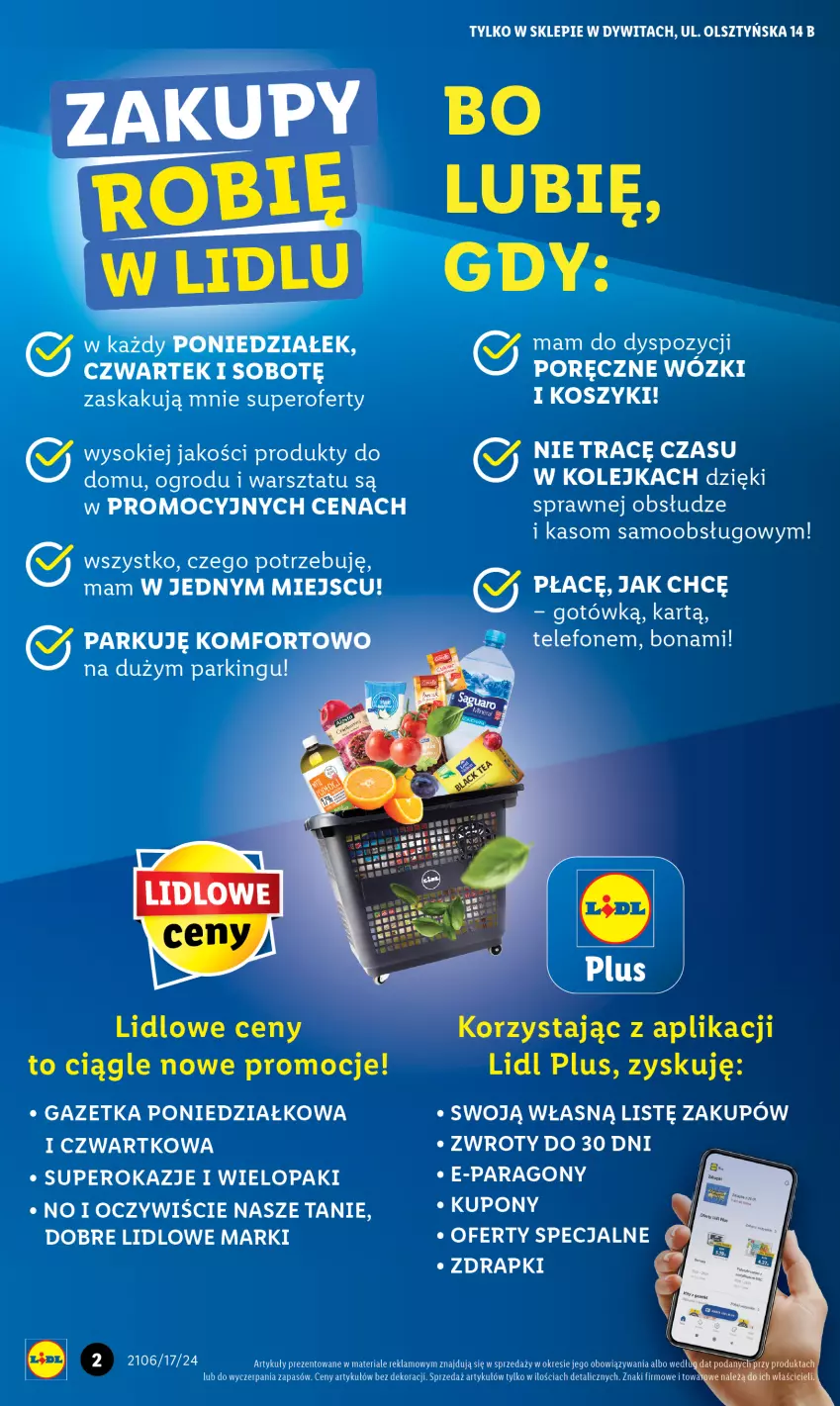 Gazetka promocyjna Lidl - Nowy Lidl w Dywitach już otwarty - ważna 22.04 do 28.04.2024 - strona 2 - produkty: Kolejka, Kosz, Olej, Por, Sok, Telefon