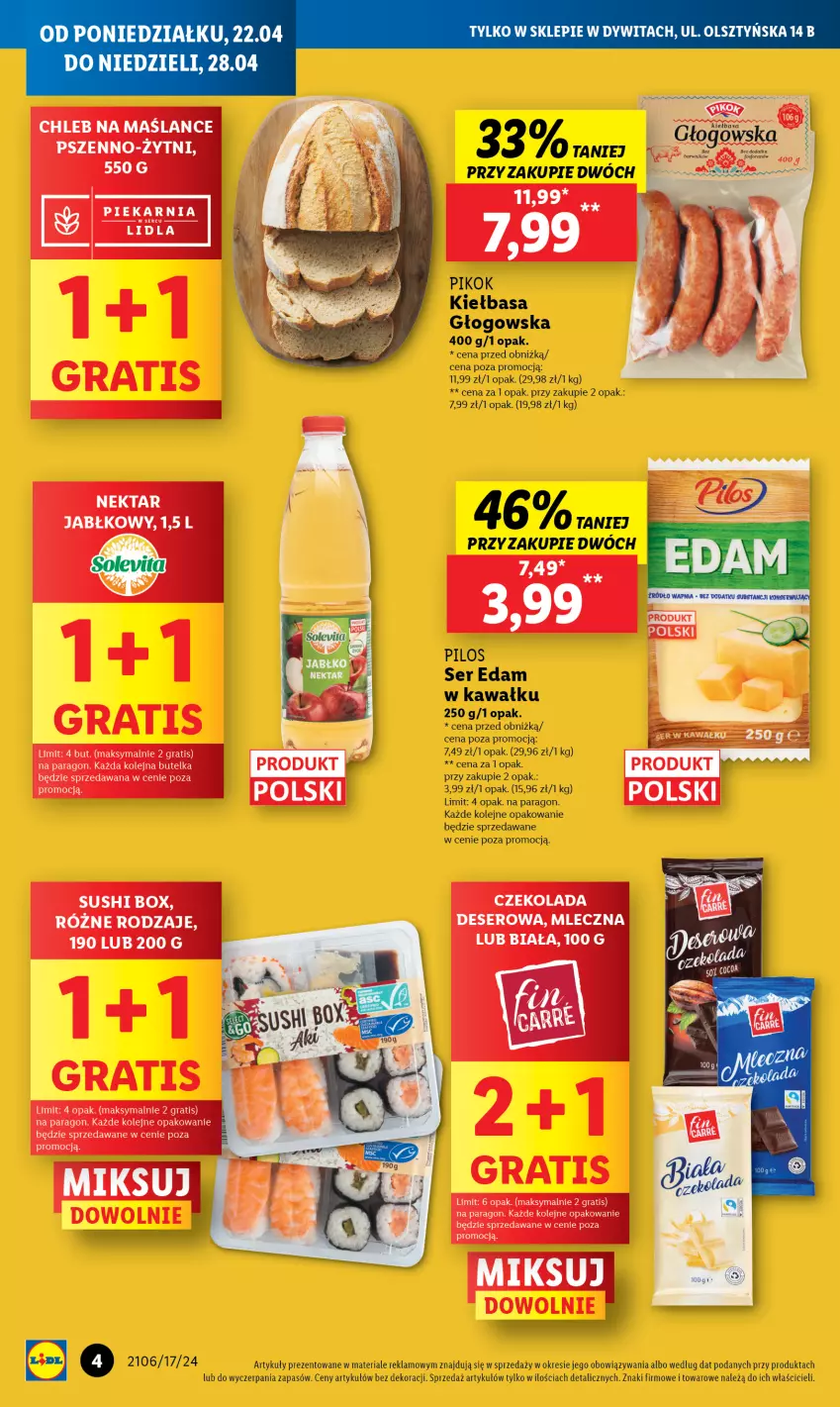 Gazetka promocyjna Lidl - Nowy Lidl w Dywitach już otwarty - ważna 22.04 do 28.04.2024 - strona 4 - produkty: Chleb, Czekolada, Deser, Edam, Gra, Kawa, Kiełbasa, Kiełbasa głogowska, Nektar, Olej, PIKOK, Pilos, Ser, Sushi