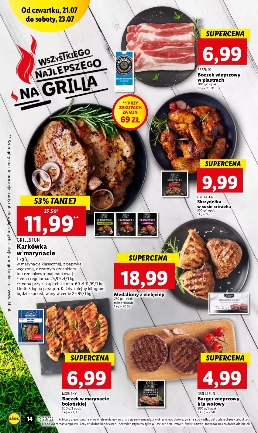 Gazetka promocyjna Lidl - GAZETKA - ważna 21.07 do 23.07.2022 - strona 14 - produkty: Boczek, Boczek wieprzowy, Burger, Gra, Grill, Lion, Morliny, Olej, Sos