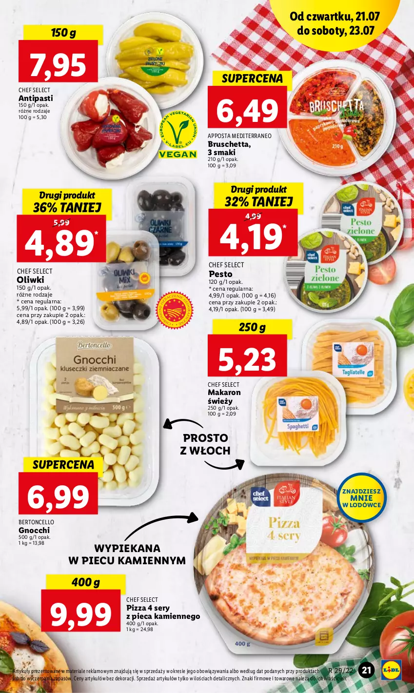 Gazetka promocyjna Lidl - GAZETKA - ważna 21.07 do 23.07.2022 - strona 21 - produkty: Gnocchi, Makaron, Oliwki, Pesto, Piec, Pizza, Ser