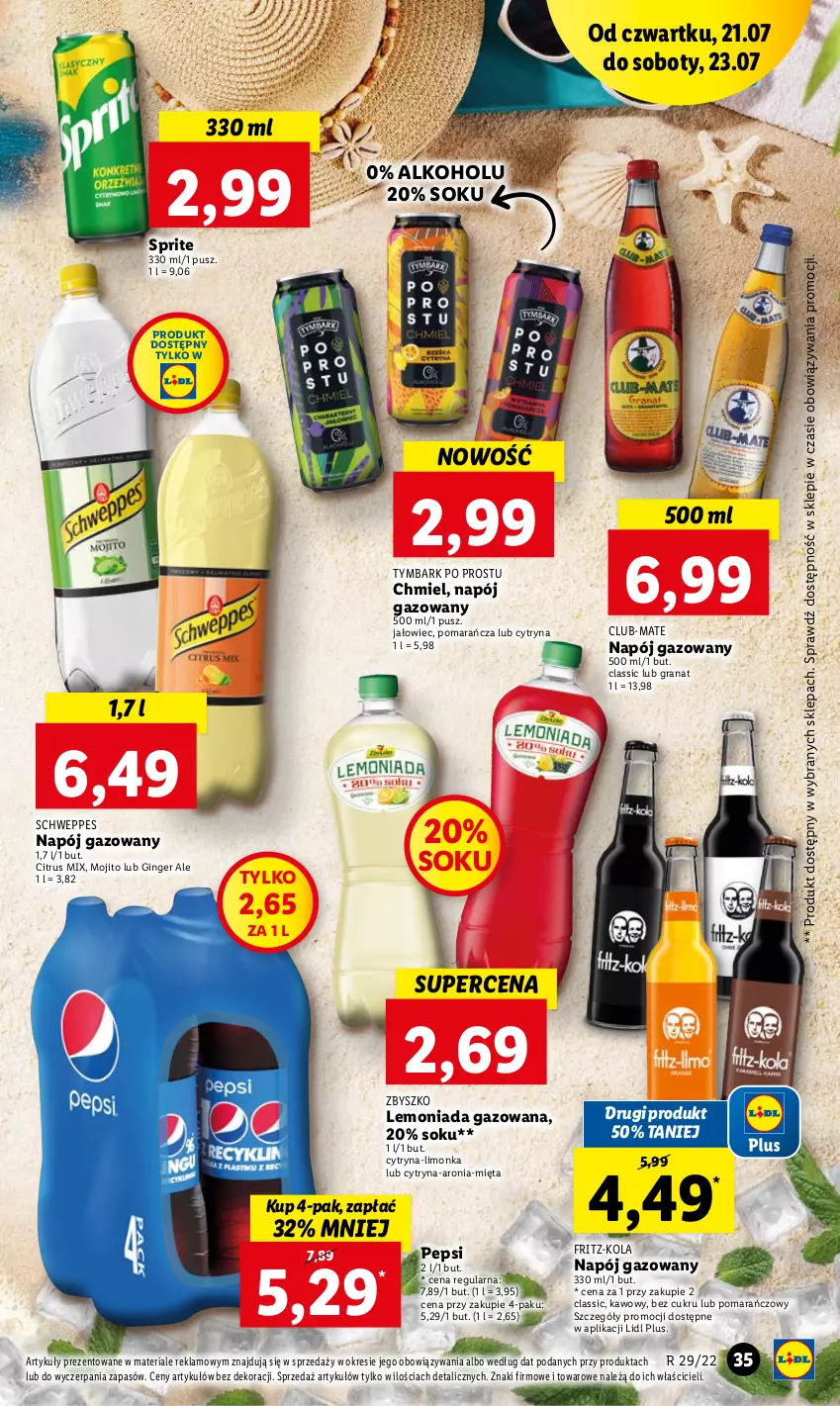 Gazetka promocyjna Lidl - GAZETKA - ważna 21.07 do 23.07.2022 - strona 35 - produkty: Aronia, Chupa Chups, Gin, Gra, Granat, Lemoniada, Limonka, Mango, Mięta, Napój, Napój gazowany, Pepsi, Schweppes, Sok, Sprite, Tymbark, Wino