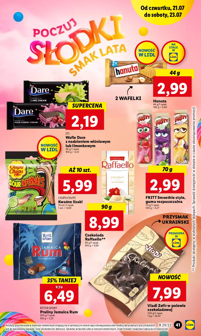 Gazetka promocyjna Lidl - GAZETKA - ważna 21.07 do 23.07.2022 - strona 41 - produkty: Chupa Chups, Czekolada, Fa, Guma rozpuszczalna, Lizaki, Por, Praliny, Raffaello, Ritter Sport, Rum, Smoothie, Sport