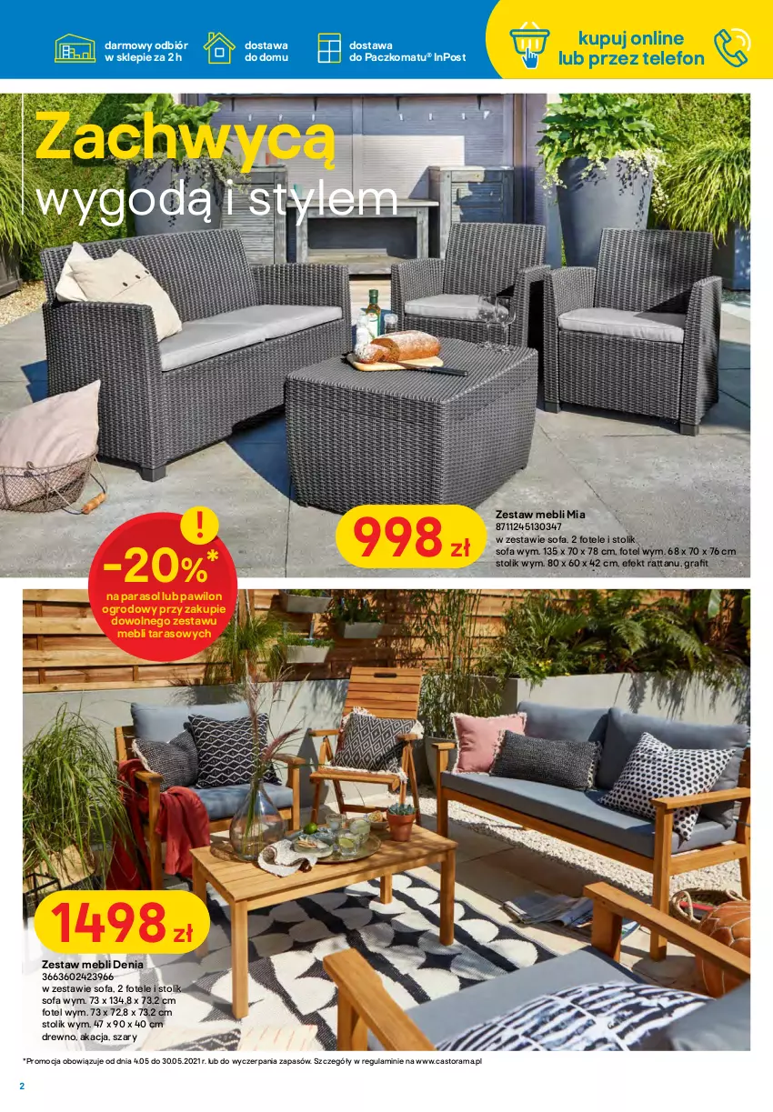 Gazetka promocyjna Castorama - Gazetka Castorama - ważna 04.05 do 30.05.2021 - strona 2 - produkty: Astor, Fa, Fotel, Gra, Parasol, Puf, Rama, Sofa, Sofa narożna, Stolik, Telefon