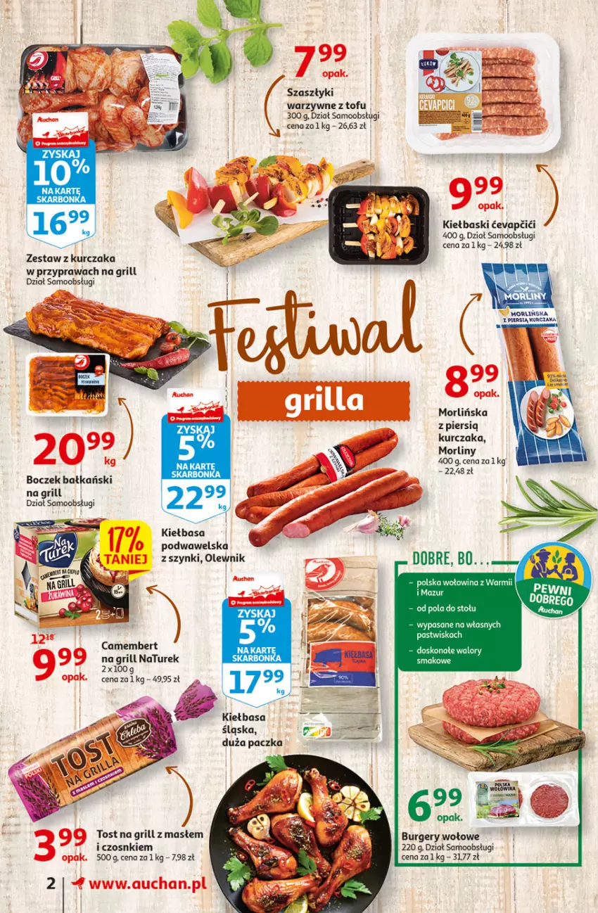 Gazetka promocyjna Auchan - przeNISKIE CENY WAKACYJNE przeOKAZJE Supermarkety - ważna 23.06 do 29.06.2022 - strona 2 - produkty: Boczek, Camembert, Grill, Kiełbasa, Kurczak, Morliny, NaTurek, Olewnik, Tofu, Wawel, Wołowina