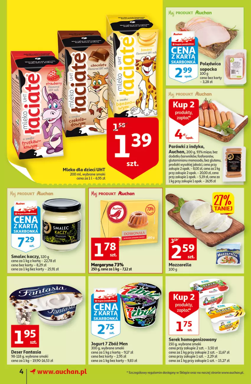 Gazetka promocyjna Auchan - przeNISKIE CENY WAKACYJNE przeOKAZJE Supermarkety - ważna 23.06 do 29.06.2022 - strona 4 - produkty: Deser, Dzieci, Fa, Fanta, Jogurt, Margaryna, Mleko, Mleko dla dzieci, Parówki, Parówki z indyka, Polędwica, Ser, Serek, Serek homogenizowany, Smalec, Sok